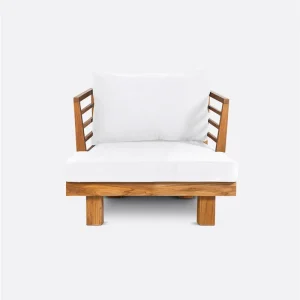 Sofá de exterior STRAUSS 1 plaza de madera de teca reciclada y olefina 86 x 84 x 67 cm en tapizado blanco