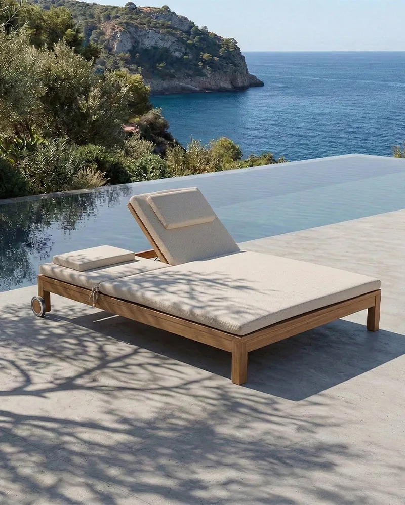 Tumbona de exterior GENESIS de madera de teca 201 x 139 x 27 cm con colchón color marfil (Ivory)