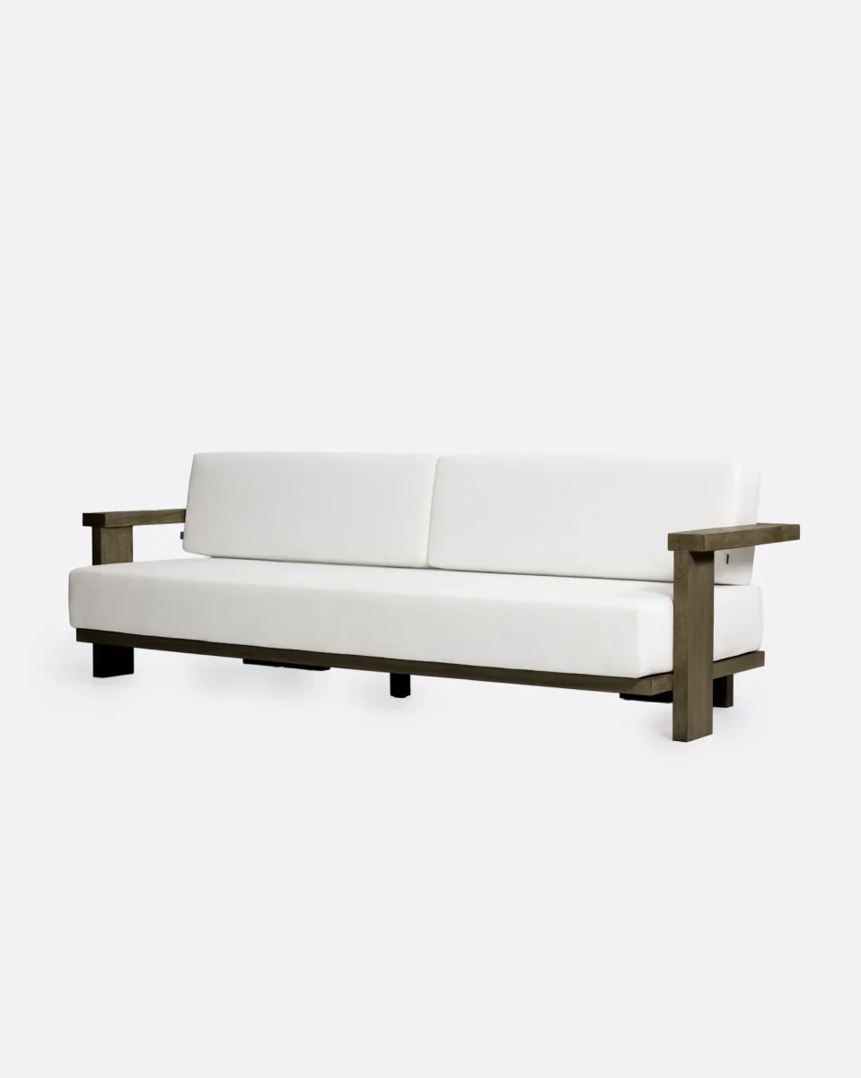 Sofá de exterior PANJANG 3/4 plazas de madera de teca 260 x 82 x 62 cm en acabado envejecido y textil blanco - Imagen 3