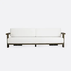 Sofá de exterior PANJANG 3/4 plazas de madera de teca 260 x 82 x 62 cm en acabado envejecido y textil blanco