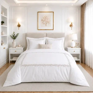 Juego de Cubreduvet 400 Hilos Blanco Optico Bordado Laurus Camel