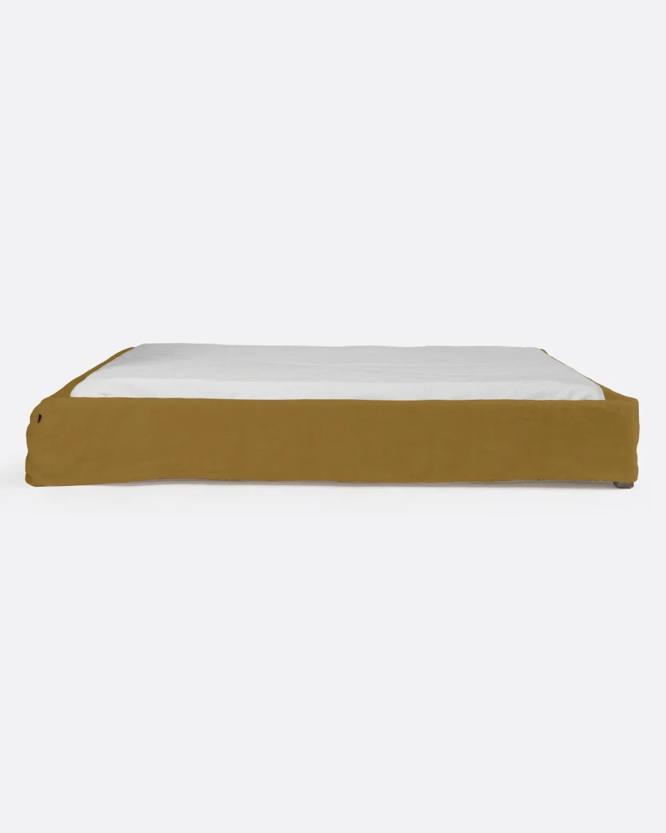 Base tapizada BEETHOVEN de lino 190 x 220 x 25 cm para colchón 180 x 200 cm color mostaza - Imagen 3