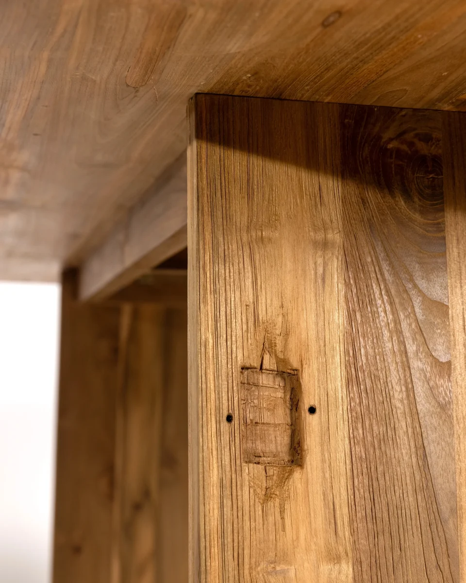 Mesa alta EROSI de madera de teca reciclada 180 x 80 x 105 cm en color natural - Imagen 6